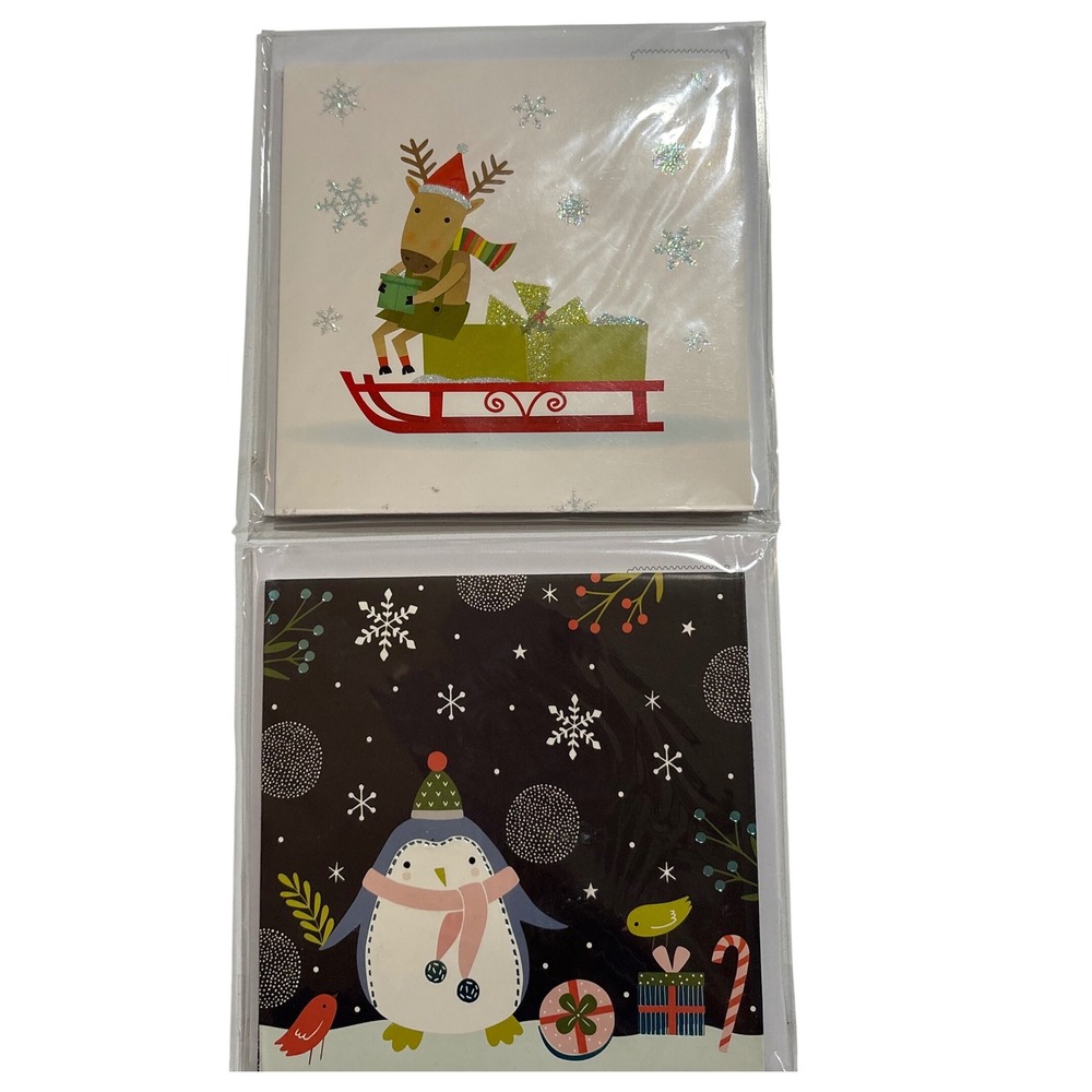 2 Treasures Pop-Up Christmas Greeting Cards‎ Reindeer Penguin New